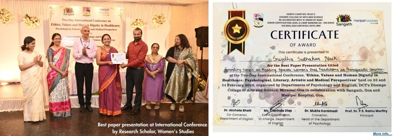 Best paper presentation at International Conference by Research Scholar, Women's Studies