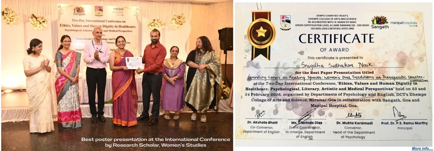 Best poster presentation at International Conference by Research Scholar, Women's Studies